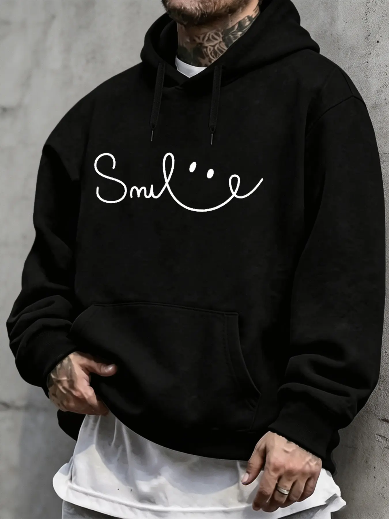 Mcd Oversized Fleece Pullover Hoodie Unisex, Cursive Smile Print, Loose-Fit Fall&winter Streetwear, Casual Office & Hip Hop