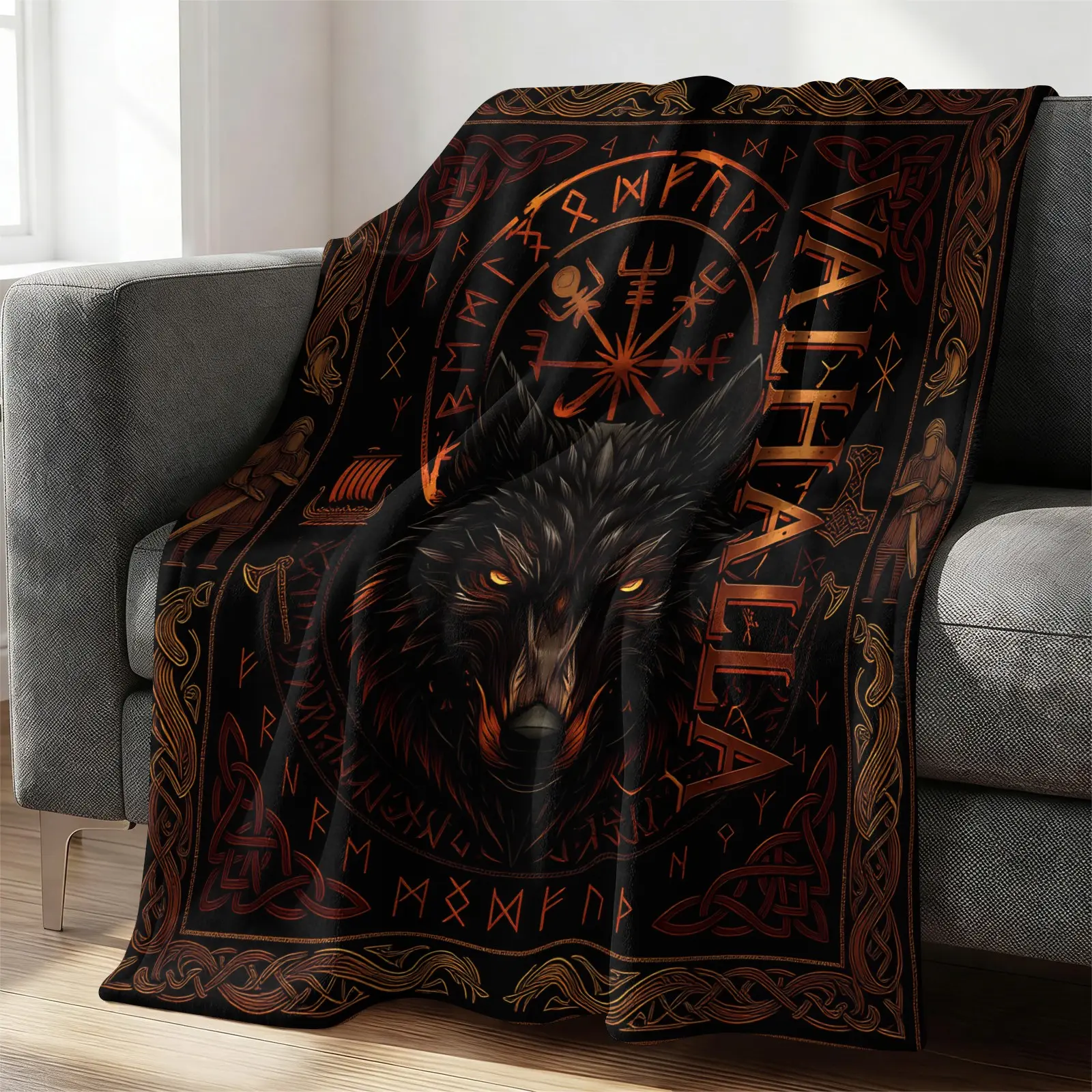 Viking Wolf Valhalla Flannel Blanket, Soft Warm Throw Blanket Cozy Lightweight, Home Sofa Bed Decor Gift Blanket for Norse Viking Lovers Men Holiday Birthday Present All Season Use