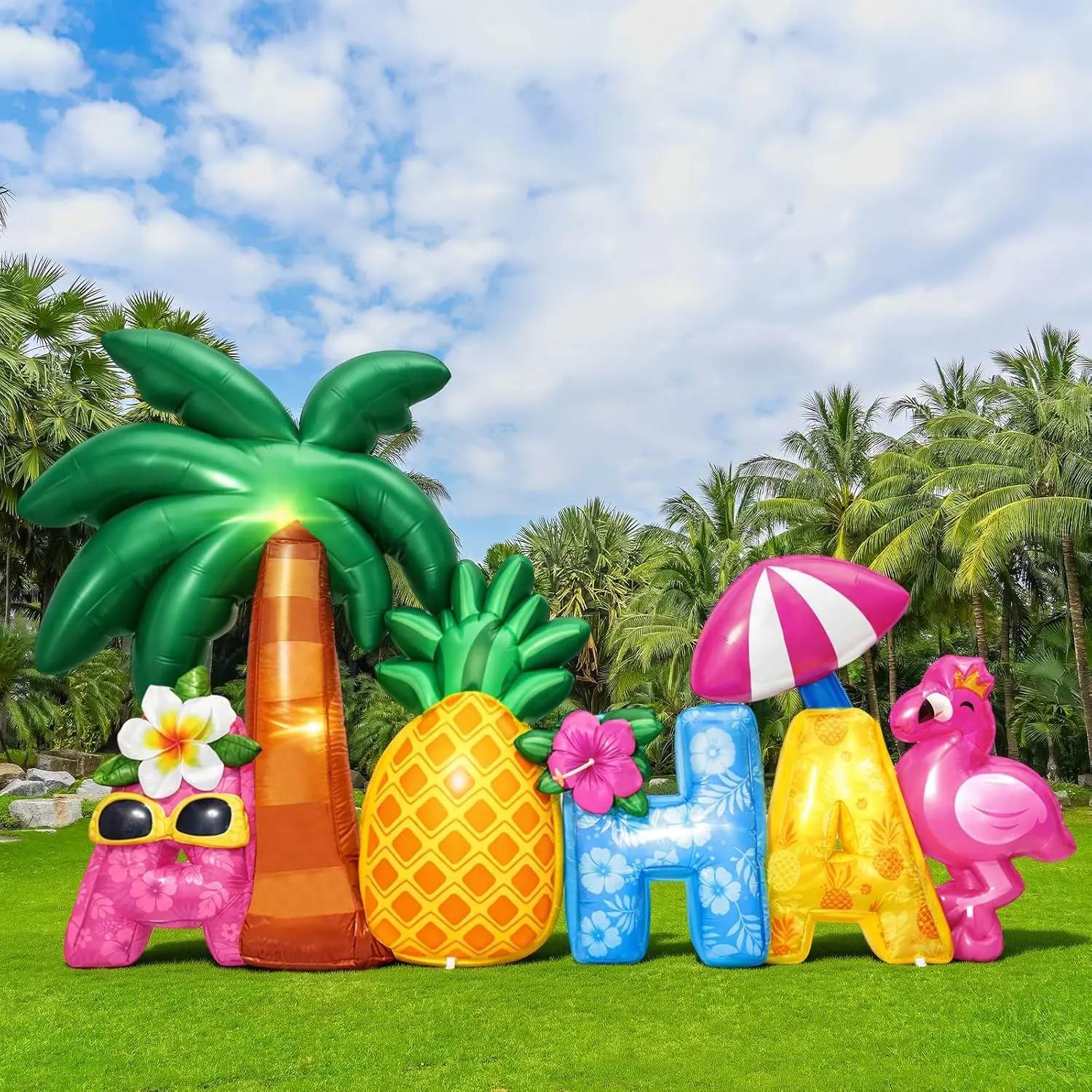 6 ft Inflatable Aloha with Palm Tree Pineapple Flamingo for Luau Party Decorations Blow up Aloha Sign Built in LED Lights for Hawaiian Summer Beach Pool Outdoor Yard Lawn Supplies
