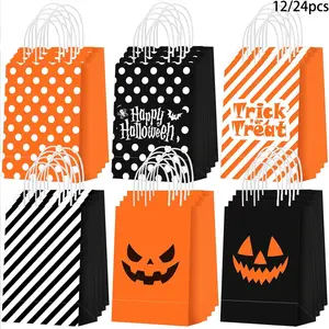 12/24 PCS Halloween Bags with Handles, 6 Styles Halloween Paper Bags for Gift Candy Goodie Snacks Treat Cookie Wrap Party Favors Supplies Decorations Trick or Treat Horror theme Birthday Baggies Pouch