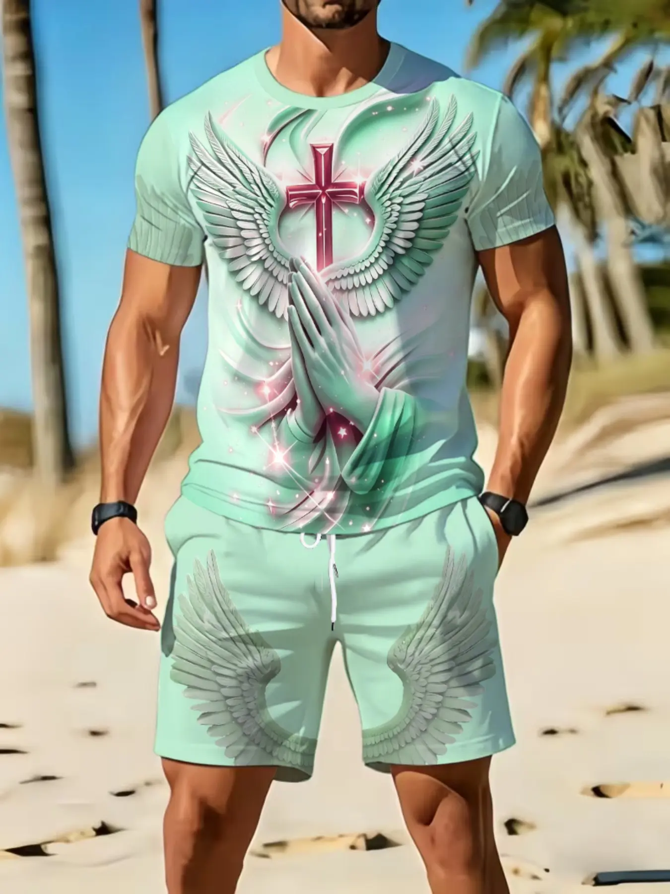 Men's 3D Cross Angel Wings Prayer Set, Casual Long Sleeve Top & Drawstring Shorts, Vintage Religious Style, All-Season Wear