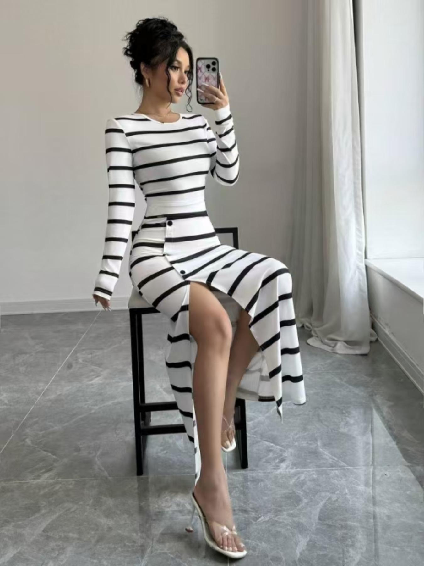 Women's Striped Print Crop Top & Split Thigh Button Skirt Two-piece Set, Striped Sets, Casual Long Sleeve Round Neck Top & High Waist Skirt for Daily Wear, Ladies Clothes for All Seasons, Fall outfit