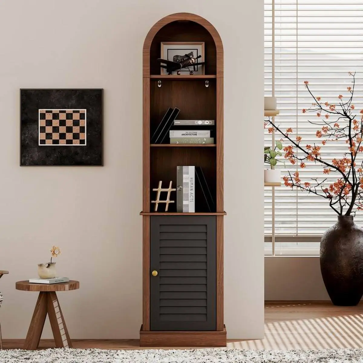 Walnut Wooden Tall Arched Corner Display Cabinet - Single Unit Freestanding Storage Organization Rack with Louvered Shutter Door, 3-Tier Shelf, Open+Hidden Storage for Living Room, Bedroom Small Space