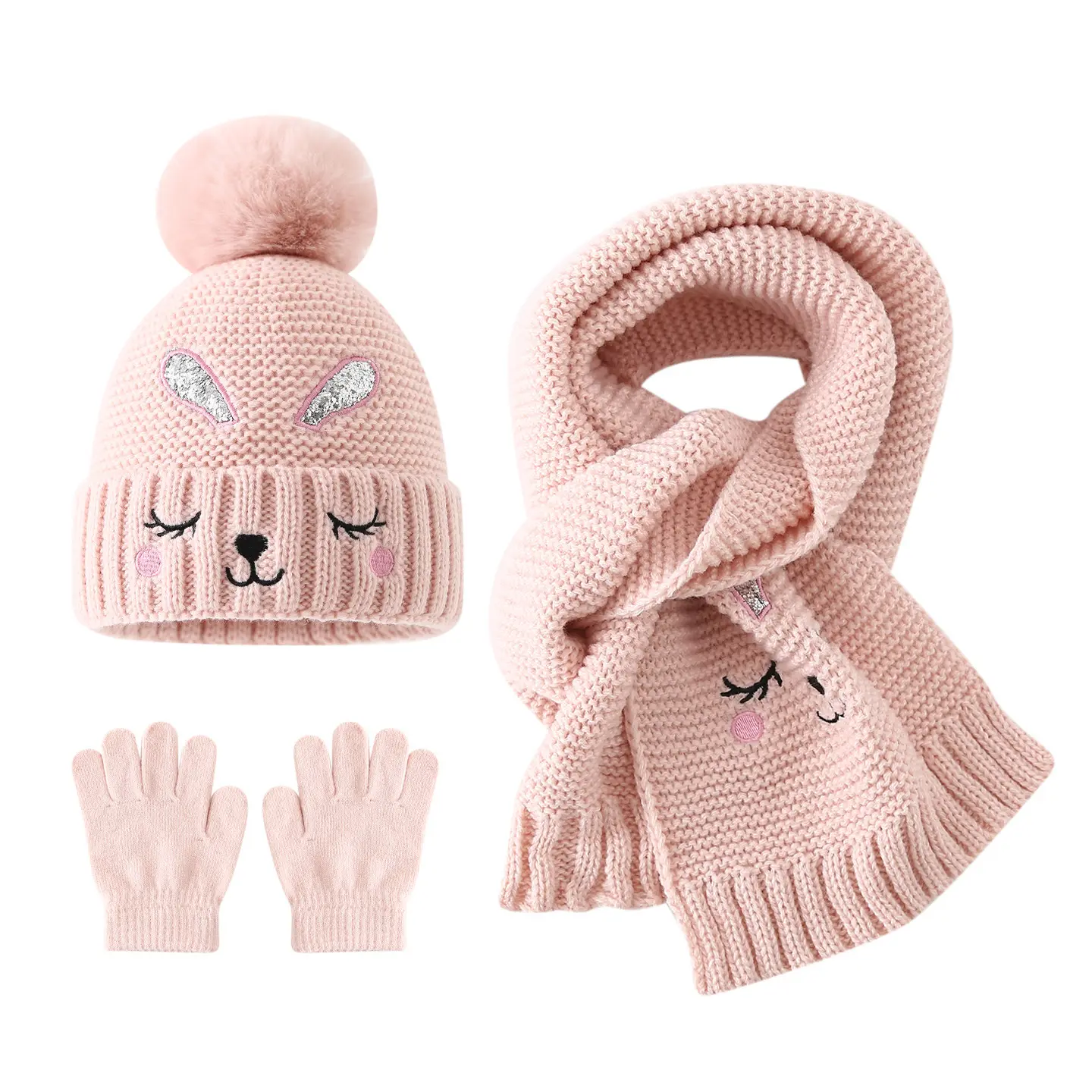 Kids' 3pcs Knit Polyester Beanie Set - One Size, Thick Windproof Coldproof Thermal Hat, Neck Warmer & Gloves for 3-8 Years, Prop 65 Safe, Hand Washable for Holiday Events & Daily Wear (Multicolor), Sporty Cute