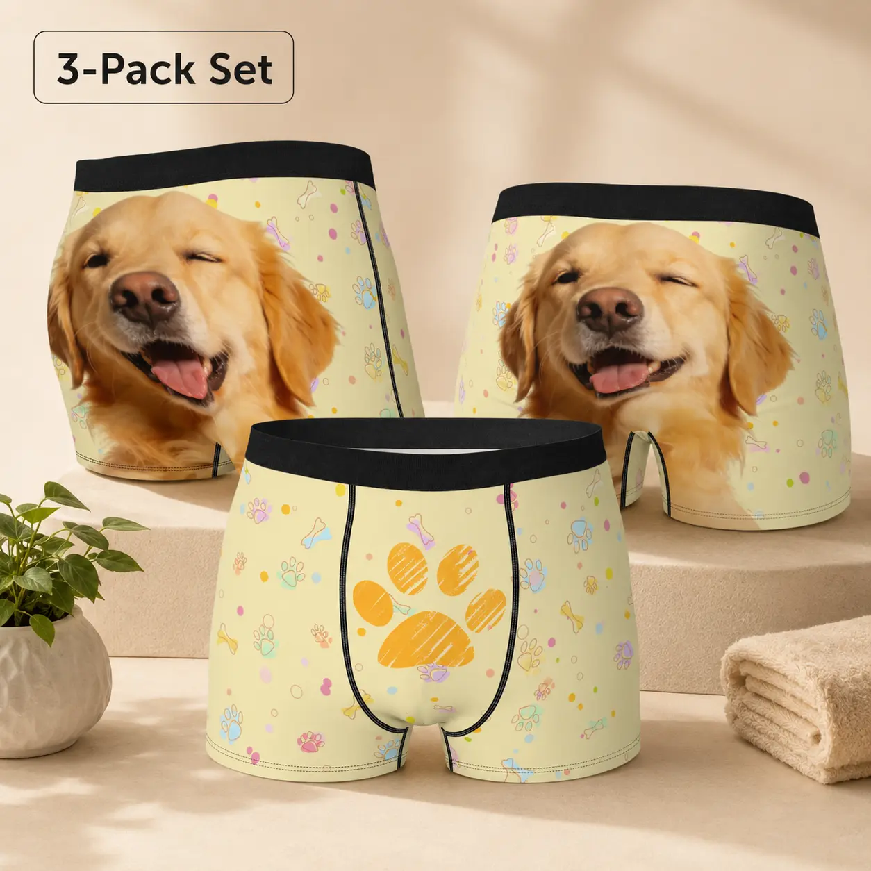 3-Pack Golden Retriever Print Men’s Boxer Briefs, Funny Dog Paw Graphic Underwear, Soft Stretch Polyester, S–2XL