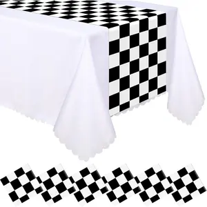 6 Pcs Plastic Checkered Table Runner 14 x 108 Inch Racetrack Road Table Runner for Two Fast Car Theme Birthday Racing Party Decor Events Supplies (Black White Checkered)