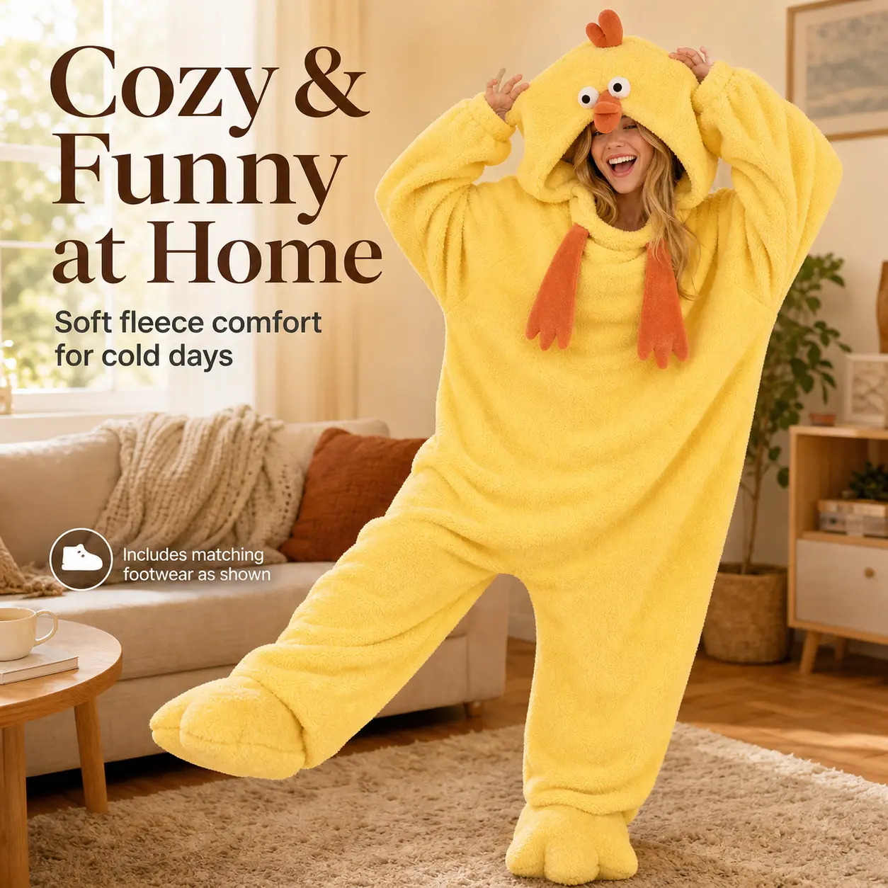 Cute Yellow Chicken Cartoon Onesie Pajamas Unisex Thick Coral Fleece Hooded Animal Cosplay Loungewear Warm Fluffy Adult Sleepwear For Autumn Winter