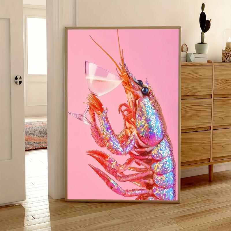 2D Flat, 2D Flat, A Vibrant Canvas Poster Featuring a Crayfish And Champagne, Perfect for Modern Wall Decor in Various Spaces Such As Your Home, Bedroom, Living Room, Kitchen, Bathroom, Or Office