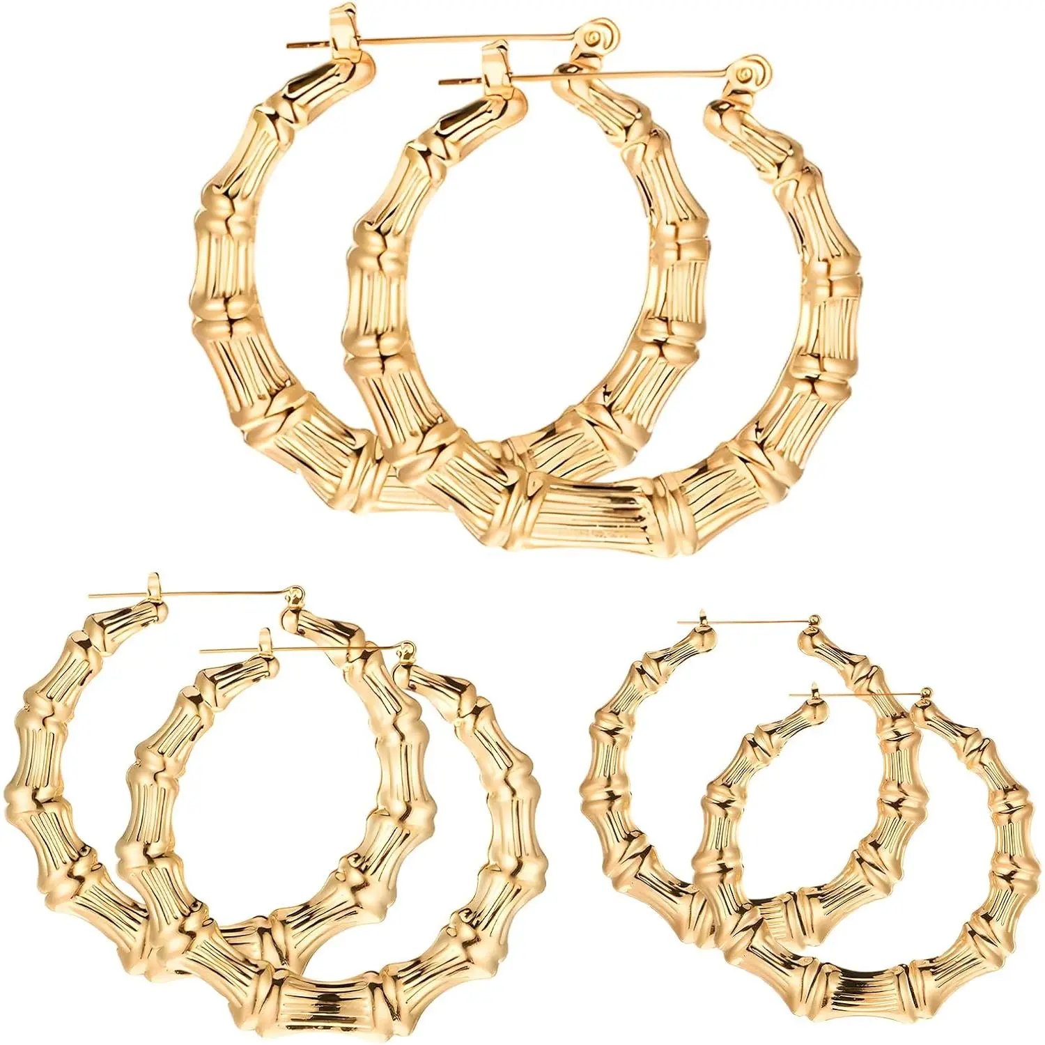 6 PCS Large Gold Bamboo Hoop Earrings, Bamboos Earring for Women Hip Hop Woman Bamboo Earrings 80s 90s Door Knocker Earring Oversized Metal Hoops Chunky Gold Hoop Rapper Accessories Jewelry