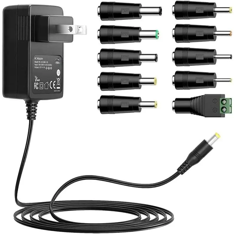 12V 1A Power  AC DC Adapter with 10 Tips | Wall Charger for 12  Household Electronics LED Strip Light  Camera Router Speaker - 1000mA Max