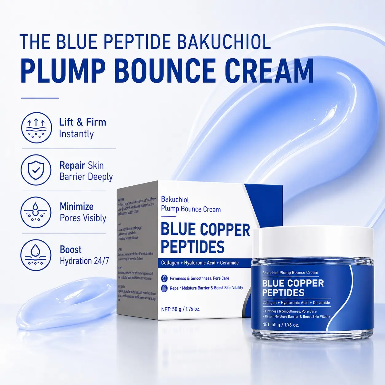 The Blue Copper Peptide Bakuchiol Cream, The Blue Peptide Bakuchiol Plump Bounce Cream, GHK-Cu, 5 Multi Peptide Anti-Aging Cream for Face & Body, Lightweight Moisturizer for Plumping Hydration and Skin Elasticity, 1.76 oz.