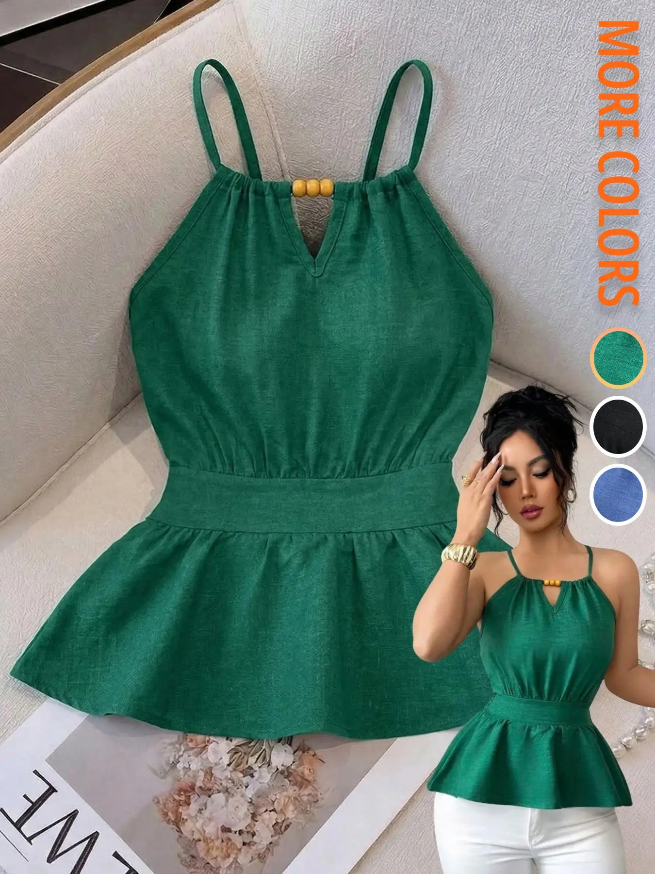Summer Women's Woven Casual Chic Sleeveless Sexy Elegant Halter Adjustable Tie Drawstring Beaded Back Waist Design Tank Top, Chic Stylish Strapless Blouse