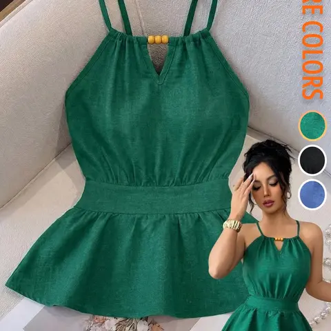 Summer Women's Woven Casual Chic Sleeveless Sexy Elegant Halter Adjustable Tie Drawstring Beaded Back Waist Design Tank Top, Chic Stylish Strapless Blouse