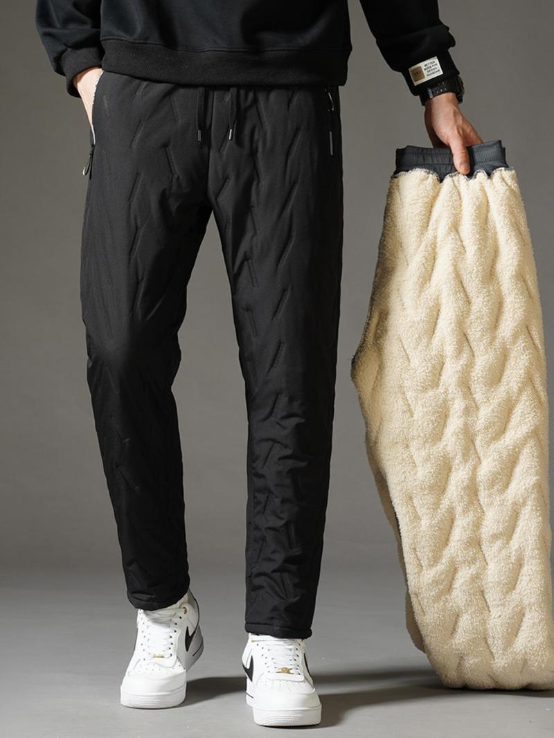 Men's Multi-piece set of solid color zip pocket thermal pants, regular comfortable casual waterproof drawstring waist, autumn and winter fleece-lined pants, sports casual, three-color simple sportswear, winter essential, everyday casual　 Plain