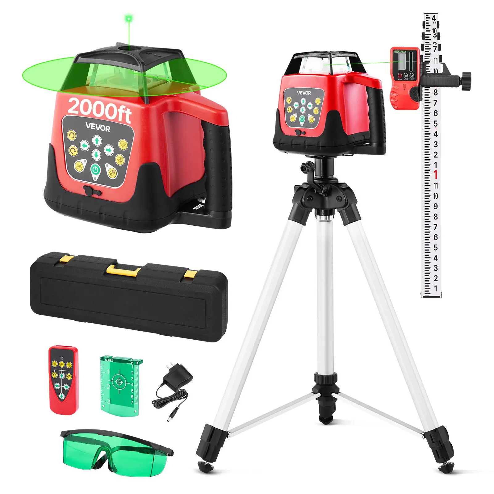 VEVOR Rotary Laser Level Kit, 2000ft 360-Degree Self Leveling Green Horizontal Laser Transit, with Tripod, Receiver, Remote Control, Scale, Toolcase, IP66 Rating Waterproof, 0.80in/100ft for Construction