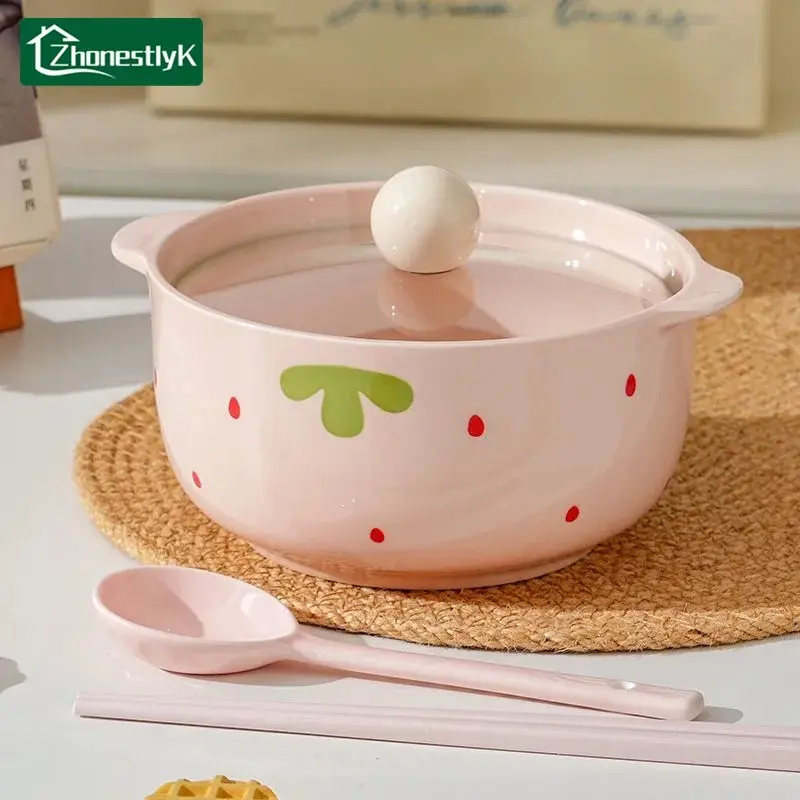 Korean Style Ceramic Instant Noodle Bowl with Lid Cute Cream Strawberry Double Eared Soup Bowl Bowls for Kitchen Fruit Salad Bowls