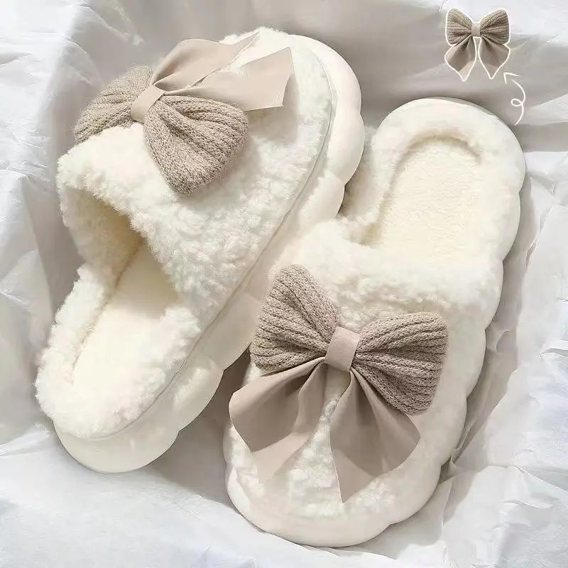Women Cute Bow Fuzzy Slippers, Fluffy Plush Cloud Thick Platform Slippers, Non‑Slip Warm Indoor Winter House Bedroom Slippers