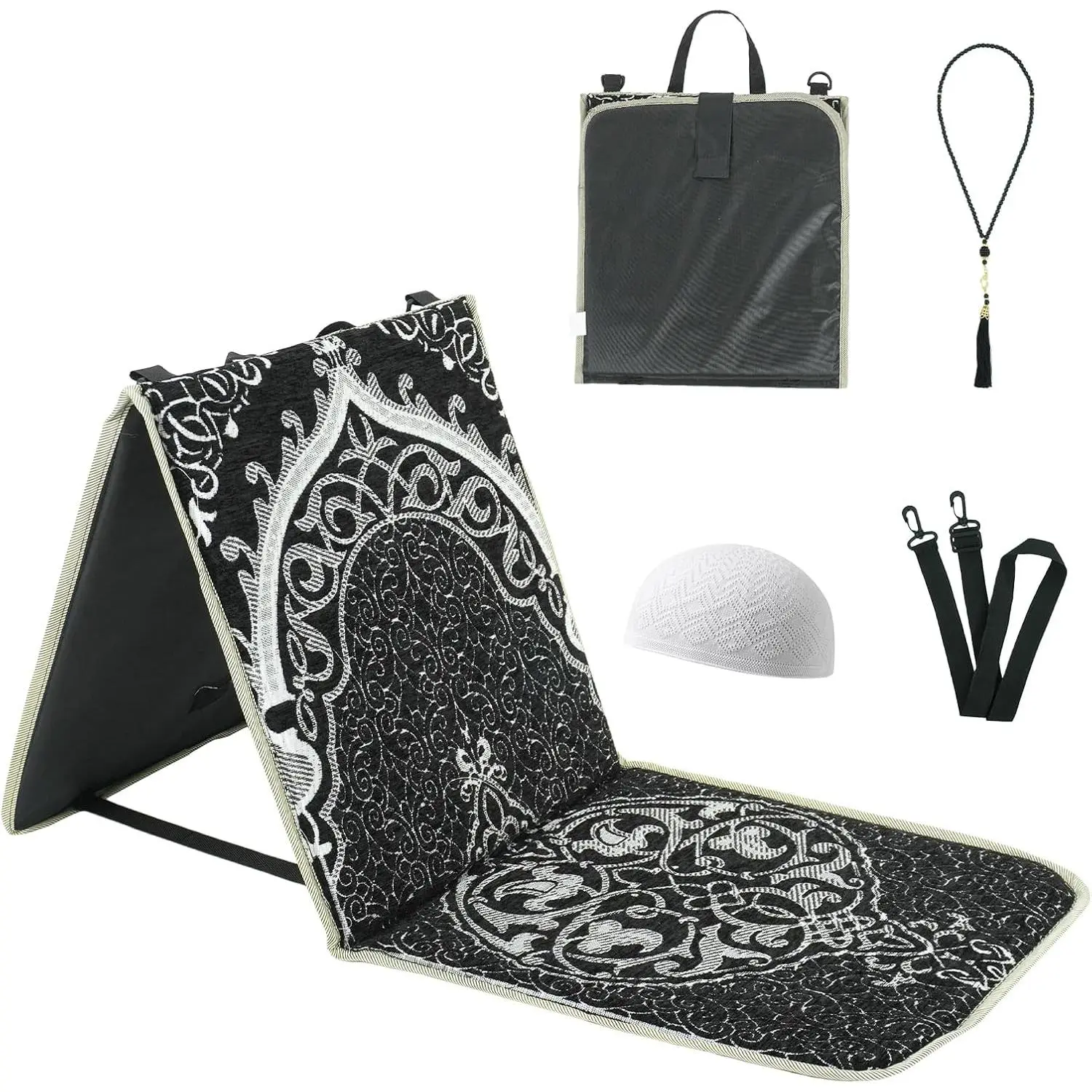 Portable Prayer Mat, Foldable Prayer Rug with Back Support, 36x78cm Islamic Prayer Mat, Includes Kufi Hat & 99 Beads Tasbih, Meditation Rug for Muslim, Ramadan Gift Set (Black)