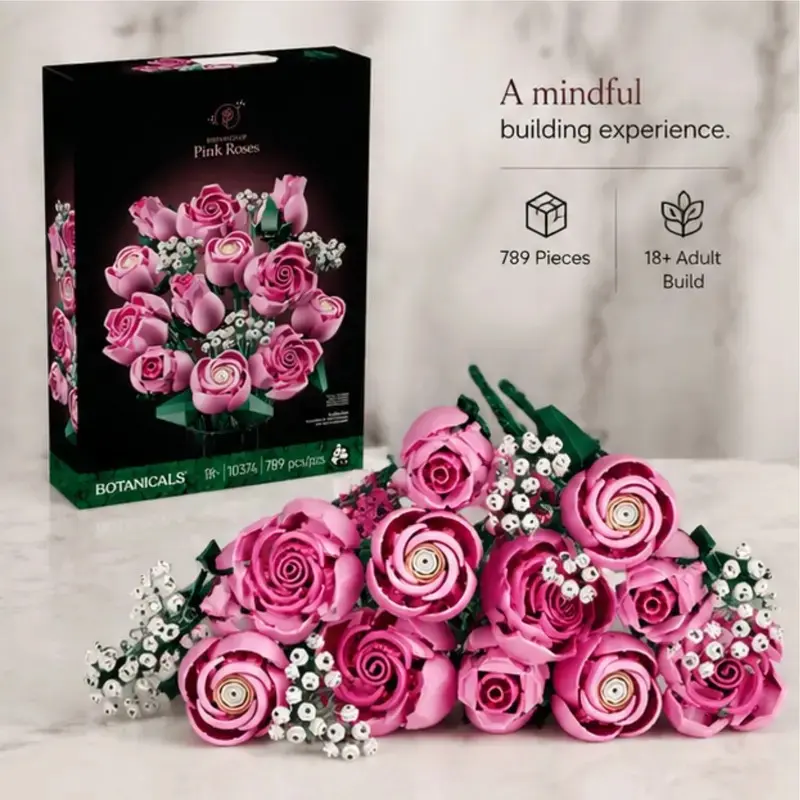 Rose Flower Building Set, Botanical Bouquet Kit, Realistic Blooming Roses, DIY Flower Building Blocks, Home Decor, Romantic Gift, DIY Floral Decoration