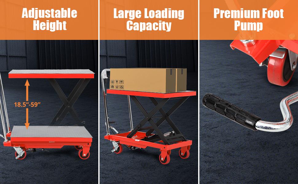 GARVEE Hydraulic Lift Table Cart 500lbs, Lift Table Capacity 28.5"Lifting Height, Manual Single Scissor with 4 Wheels and Non-Slip Pad Thickness 3mm for Material Handling and Transportation Red