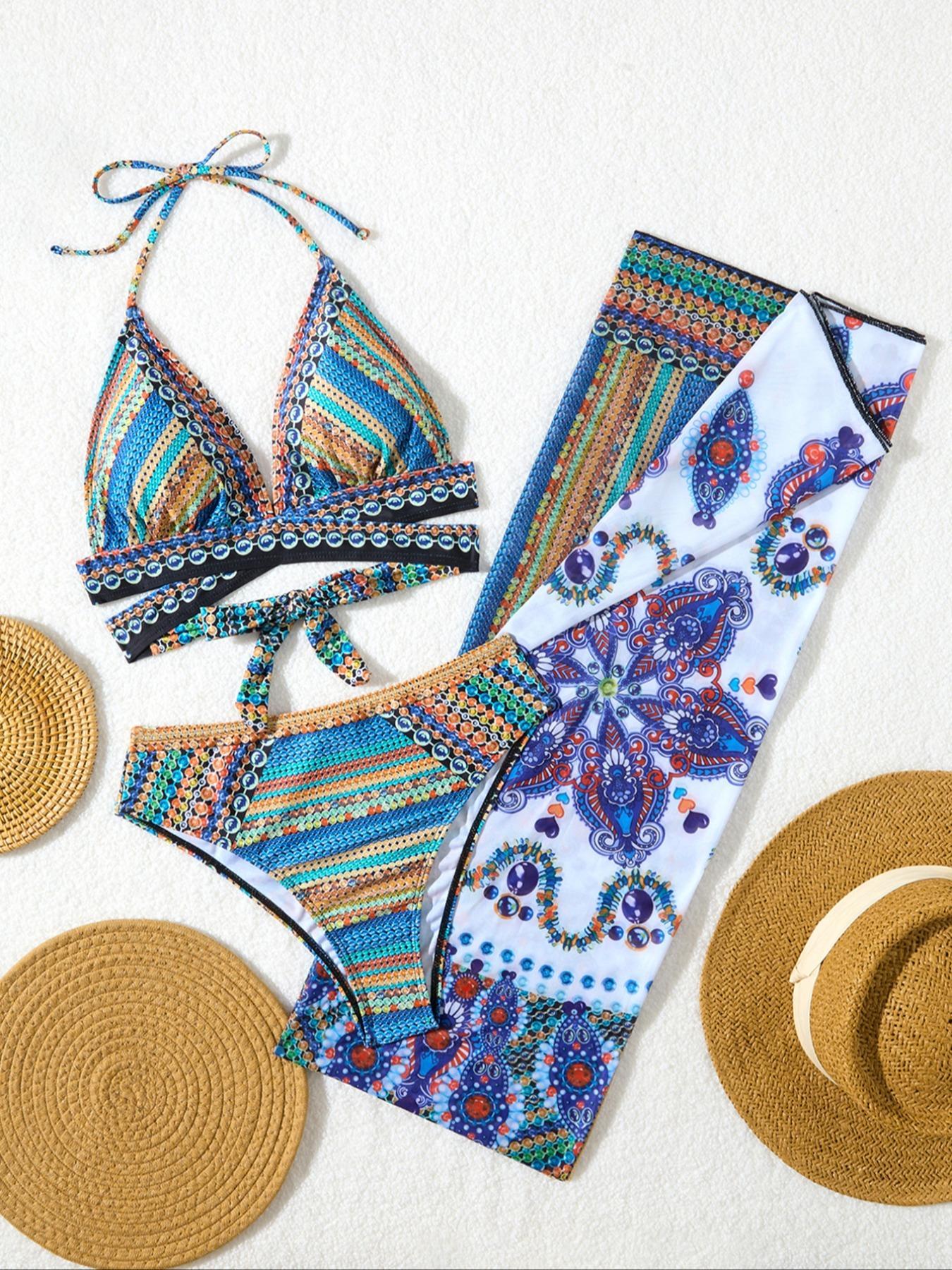 Women's Ethnic Pattern Bikini Set, Halter Neck Triangle Swim Bra & Tie Side Swim Panty & Pareo Cover Up Set, Ladies Swimsuit for Beach Holiday Vacation, Tropical Print Swimsuit, Beachswimsuits, Color Block Swimsuit, Bikinis Set, Colorblock Print Bikini