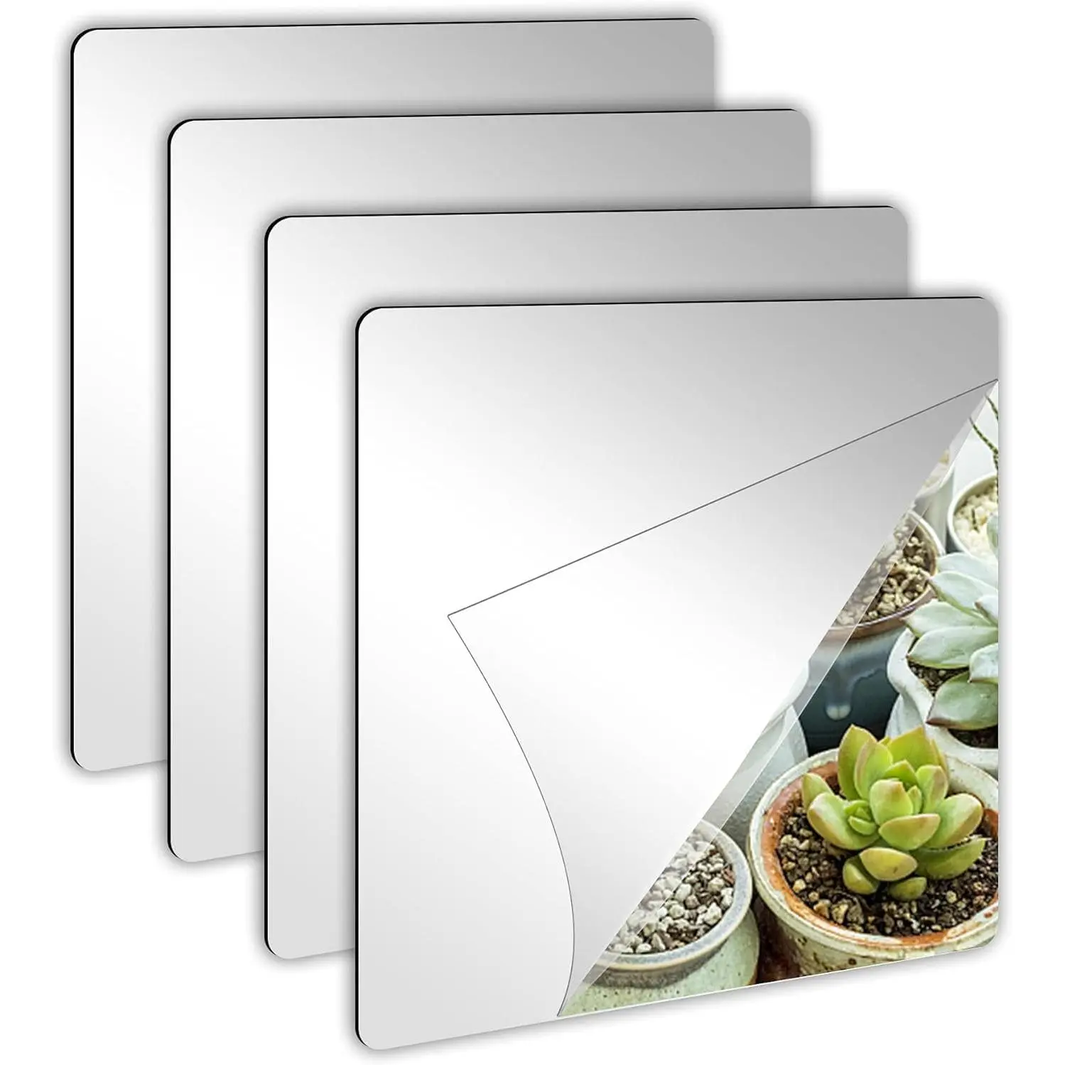 4 Pack Self Adhesive  Mirror, 8 x 8 Inch Mirror Tiles | Flexible Plastic Mirror Sheets Wall Stickers, 2MM Thick Mirrors