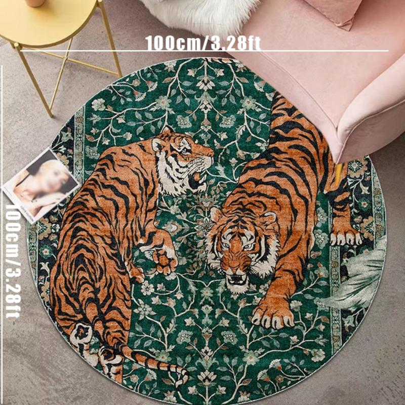 Vintage Tiger Pattern Round Rug, Animal Printed Rug, Non-slip Soft Floor Mat, Washable Area Rug, Decorative Carpet for Home Living Room Bedroom Hotel