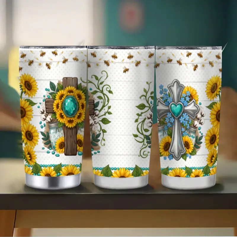 Faith Sunflower Cross Stainless Steel Tumbler with Straw, Rustic Bumblebee Design Travel Coffee Cup for Hot/Cold Drinks, Ideal for Church, Sunday Prayer, and Religious Gift for Women.
