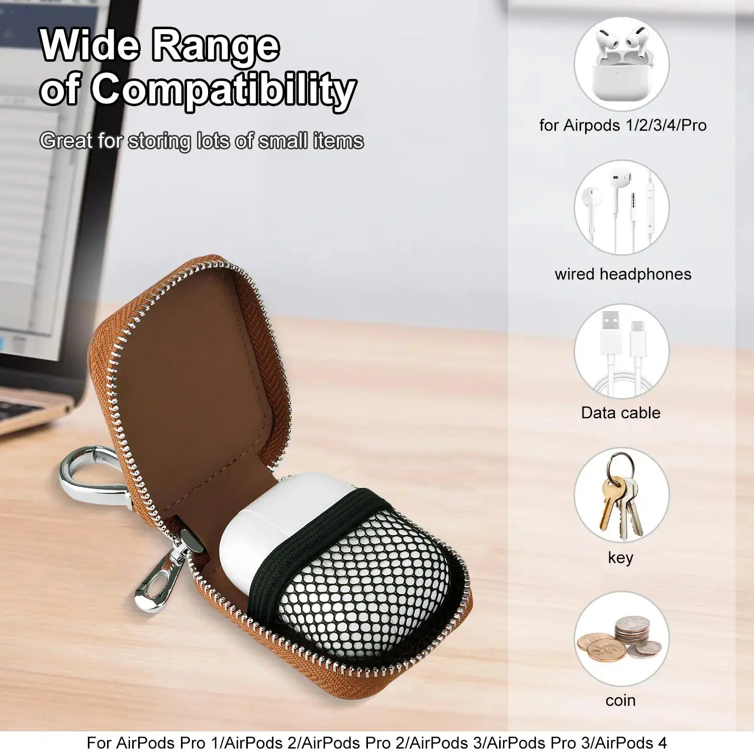 Universal PU Hard Leather Audio Storage Case for AirPods 1/2/3/4/Pro, Vintage Retro Dustproof Scratch-Resistant Pouch with Inner Mesh Pocket, Card Slot & Matching Keychain for Space-Saving Sports Outdoor Portability, Metal