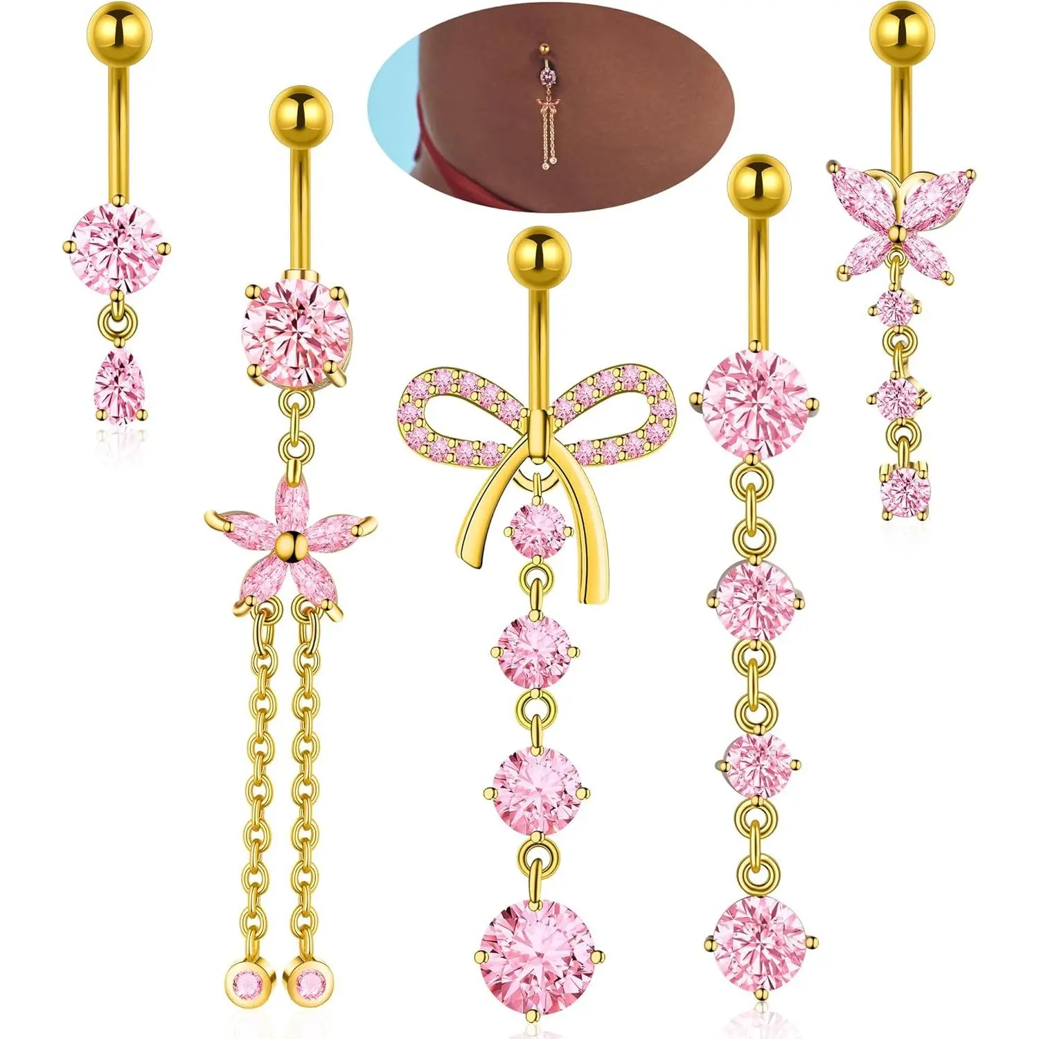 Belly Button Rings Gold Plated Silver Pink Clear CZ Belly Rings for Women Heart Bow Flower Butterfly Teardrop Dangle Navel Belly Button Piercing Jewelry