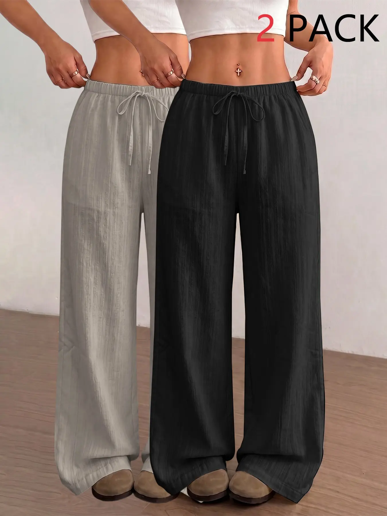 Solid Textured Relaxed Fit Wide Leg Ankle Pants, Full Stretch Drawstring Waist, Lightweight Casual Trousers, Versatile Everyday Wear