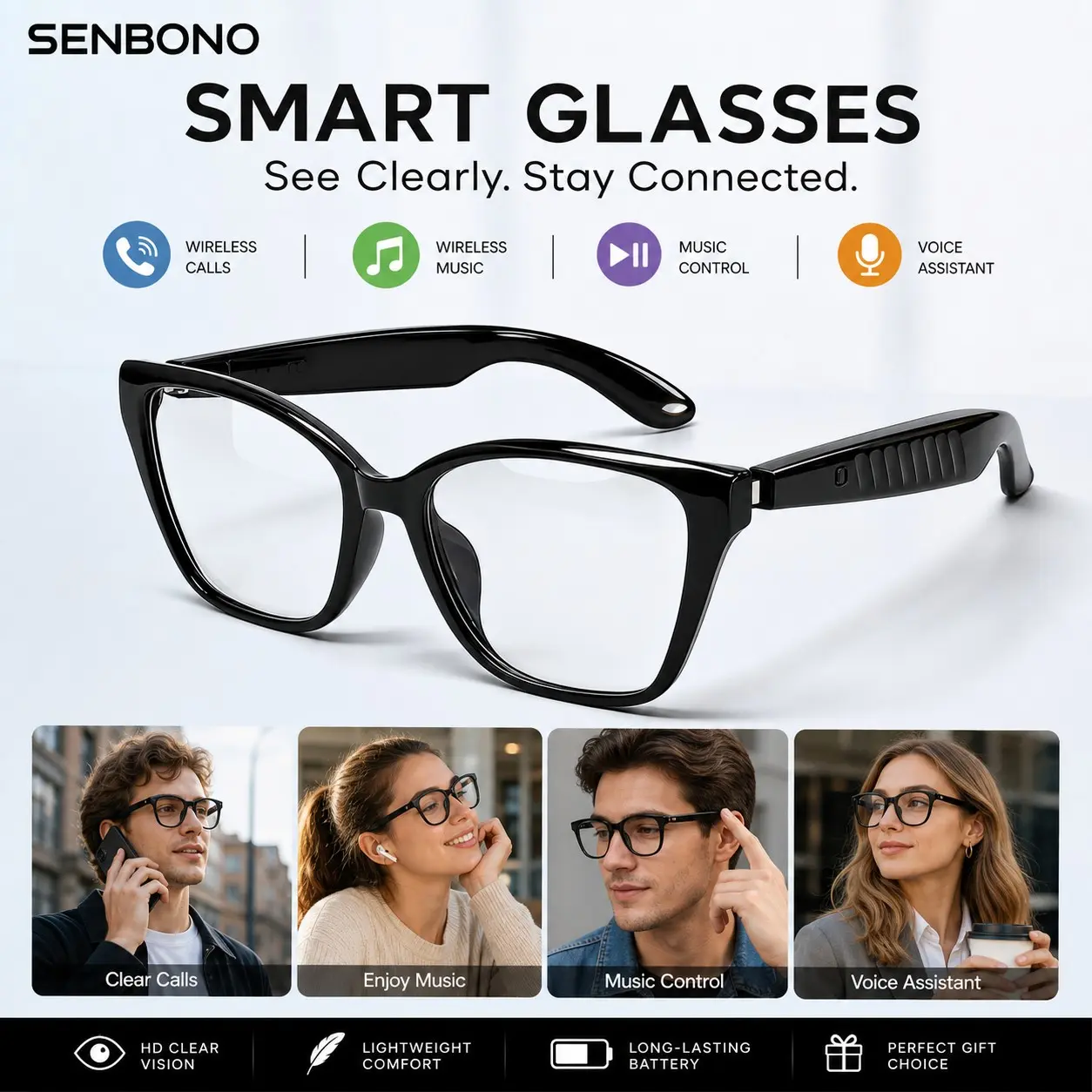 Senbono Touch Control Multifunctional Smart Glasses with Voice Assistant Wireless call Wireless Music Fashion Design,Perfect for Business, Travel & Daily Wear