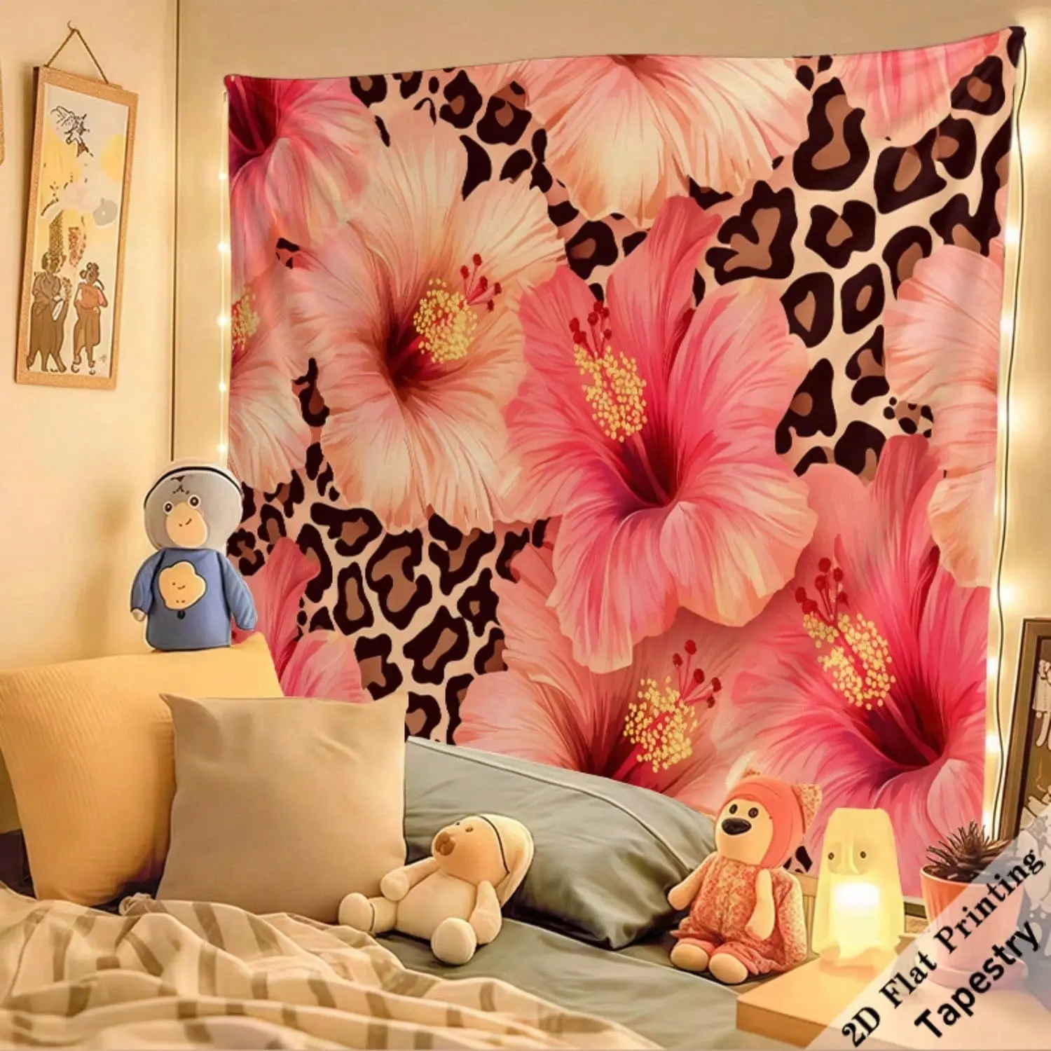 1pc Powder Rose Hibiscus Floral Leopard Print Pattern Polyester Wall Tapestry, Bedroom Wall Decor, suitable for living room, bedroom and office. Free installation package included.