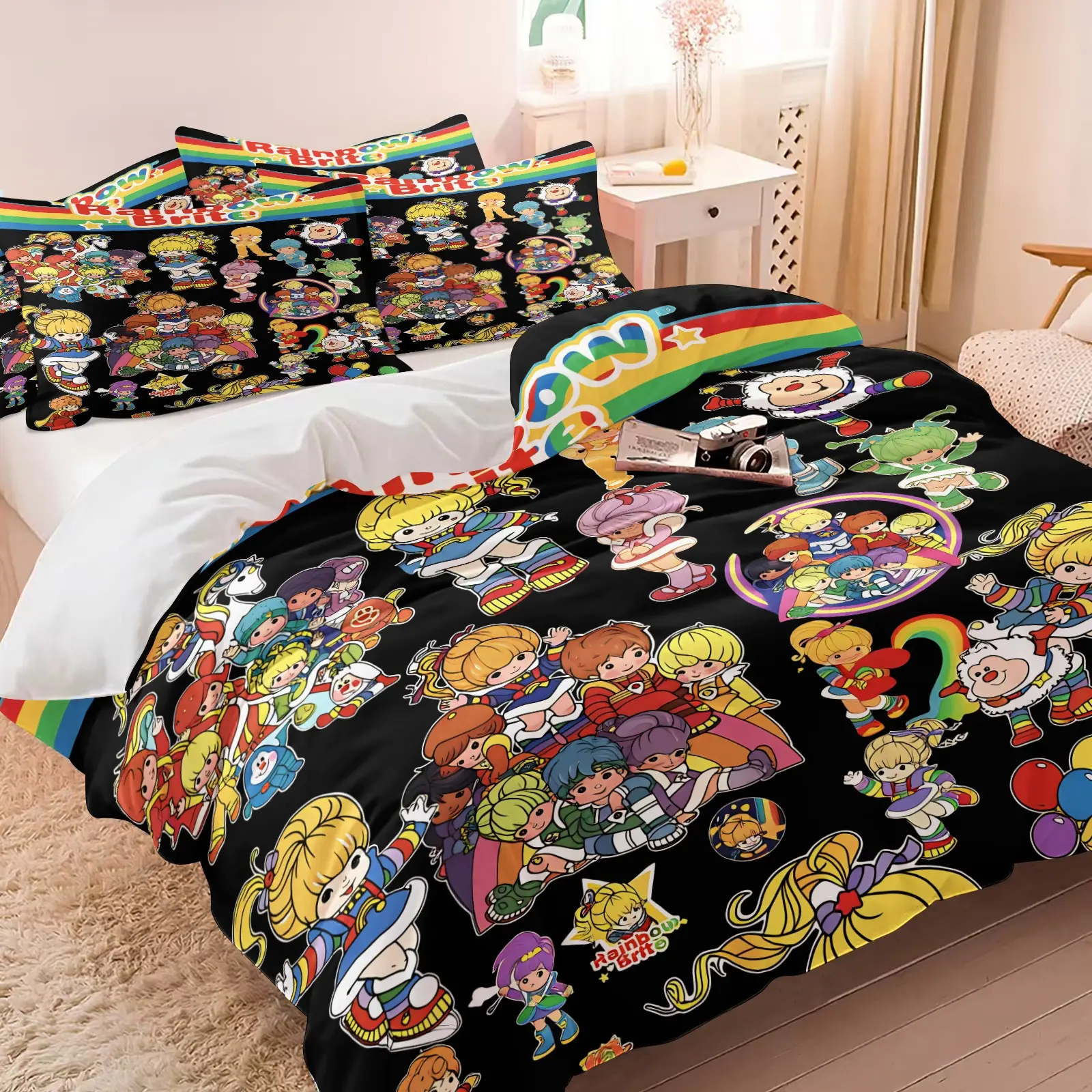 3PCS Retro Rainbow Brite Sticker Collage Duvet Cover Set (1 Duvet Cover + 1-2 Pillowcases), Cute Vintage Cartoon Character All Over Print , Soft Cozy Skin-Friendly All Seasons Bedding, Ideal Teen Girls Dorm Decor Gift