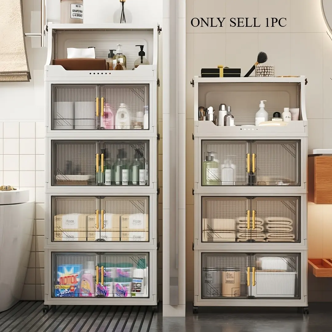 Roller style bathroom floor standing storage cabinet with doors and adjustable shelves, multifunctional movable toilet paper storage rack with lock wheel design, dust-proof independent storage rack
