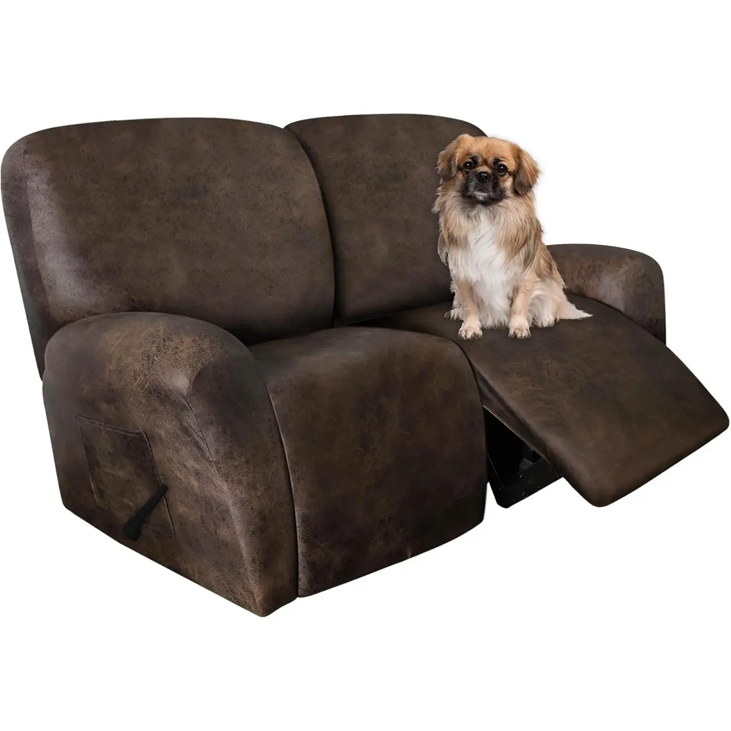 Leather Look Loveseat Recliner Covers Stay in Place 6-Piece Recliner Sofa Slipcover 2 Seater Reclining Couch Cover Furniture Protector Spandex Fabric Washable (Recliner Loveseat, Brown)