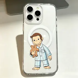 Trendy Magnetic Case for iPhone 11-17 Pro Max Pajama Monkey Ultra Slim MagSafe Shockproof TPU Cover Aesthetic Protection |   Cute Curious George Pajama Teddy Bear MagSafe iPhone Case, Clear Glossy Cartoon Monkey Protective Cover