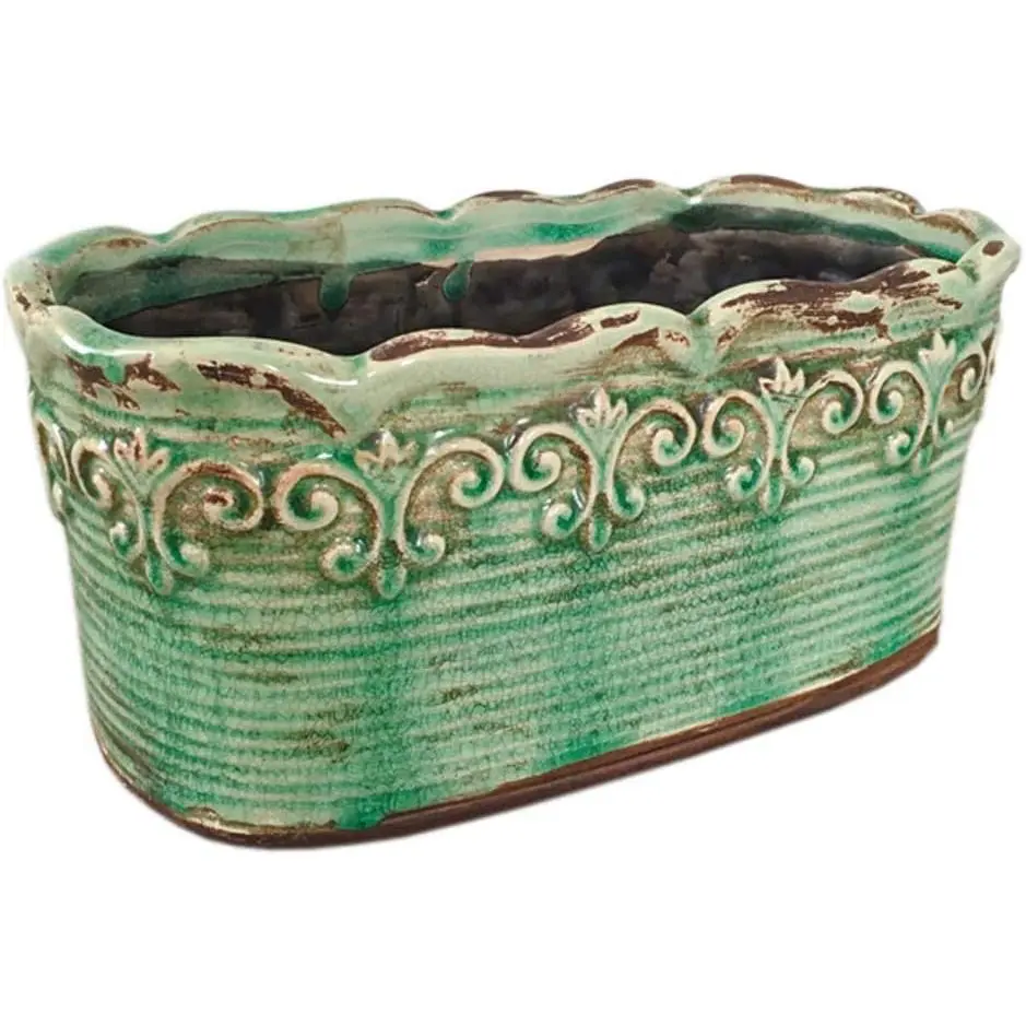 Rectangular Ceramic Orchid  Pot  Country Planter Succulent Container Windowsill Planter Decoration (10 Inch Length, Rectangle) (Green)
