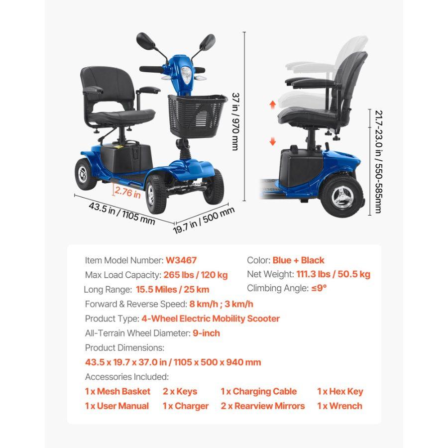 VEVOR Heavy-Duty 4 Wheel Mobility Scooter for Adults Seniors - Folding Electric Powered Mobility Scooter 12 Mile Long Range, Travel Scooter with 9 Climbing Capacity, 265lb Capacity
