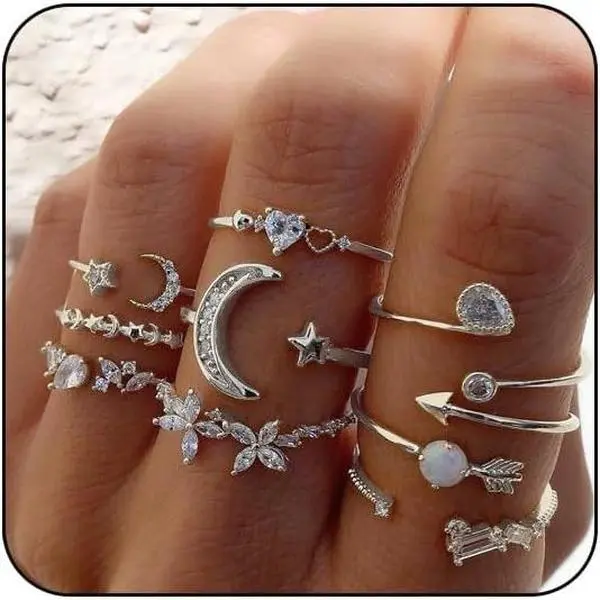 Boho Rings for Women Teen Girls,Gold Stacking Rings Set Vintage Knuckle Stackable Moon Star Snake Butterfly Heart Flower Leaf Top Finger Rings