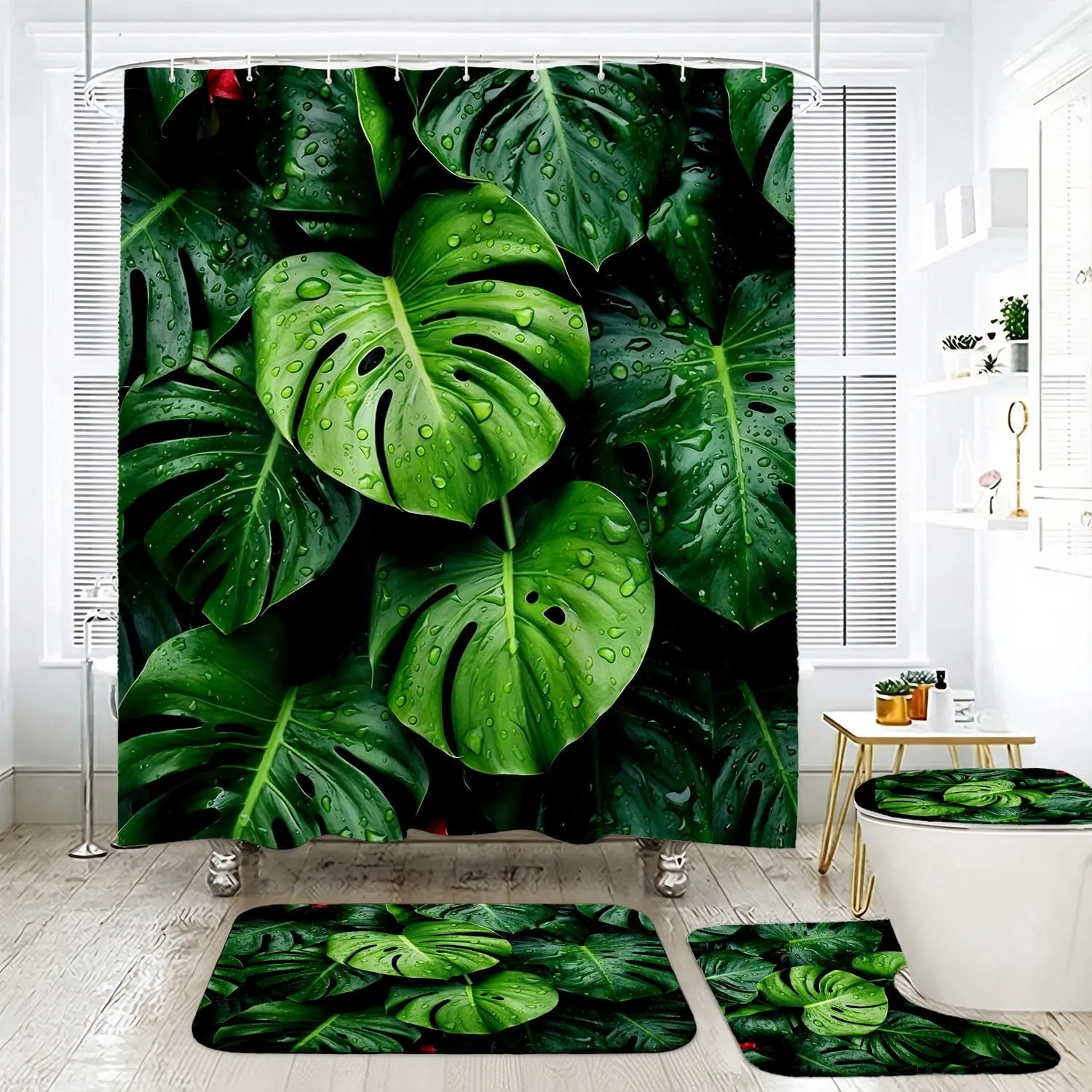 4PCS Flannel/Poly Tropical Plants Shower Curtain Set - Rainforest Monstera Deliciosa Bathroom Decor, Waterproof Fabric, Non-slip Bath Mat, Mother’s Day Gift Idea for Bathrooms Upgrade, Novelty Print Set