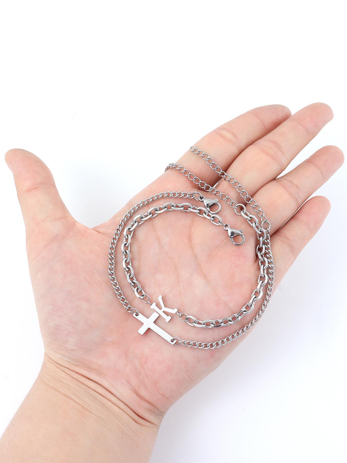 Men's Fashion Letter & Cross Design Bracelet, Casual Trendy Stainless Steel Chain Bracelet, Fashion Accessories for Daily Wear