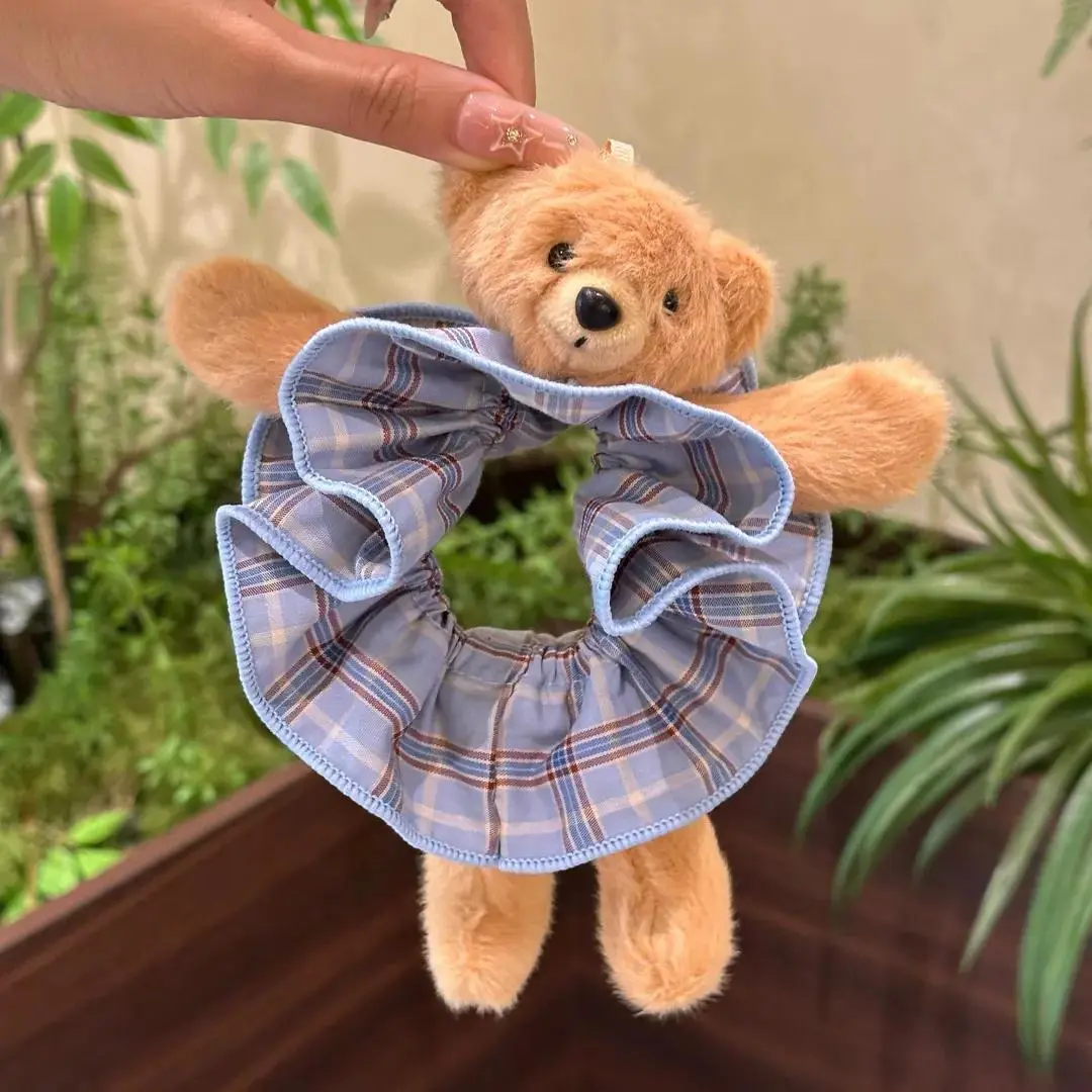 Ruffled Plaid Fabric Elastic Hair Scrunchie with Cute Plush Bear Ornament, Comfortable Decorative Hair Tie Accessory for Girls and Women Daily Use