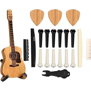 21 count Acoustic Guitar Accessories Kit: Wooden Guitar Pick Box with Stand & 3 Picks, 12 Bridge Pins, Guitar Bridge Pin Puller, 4 Nut & Saddle  ,  Set for Guitarists & Musicians