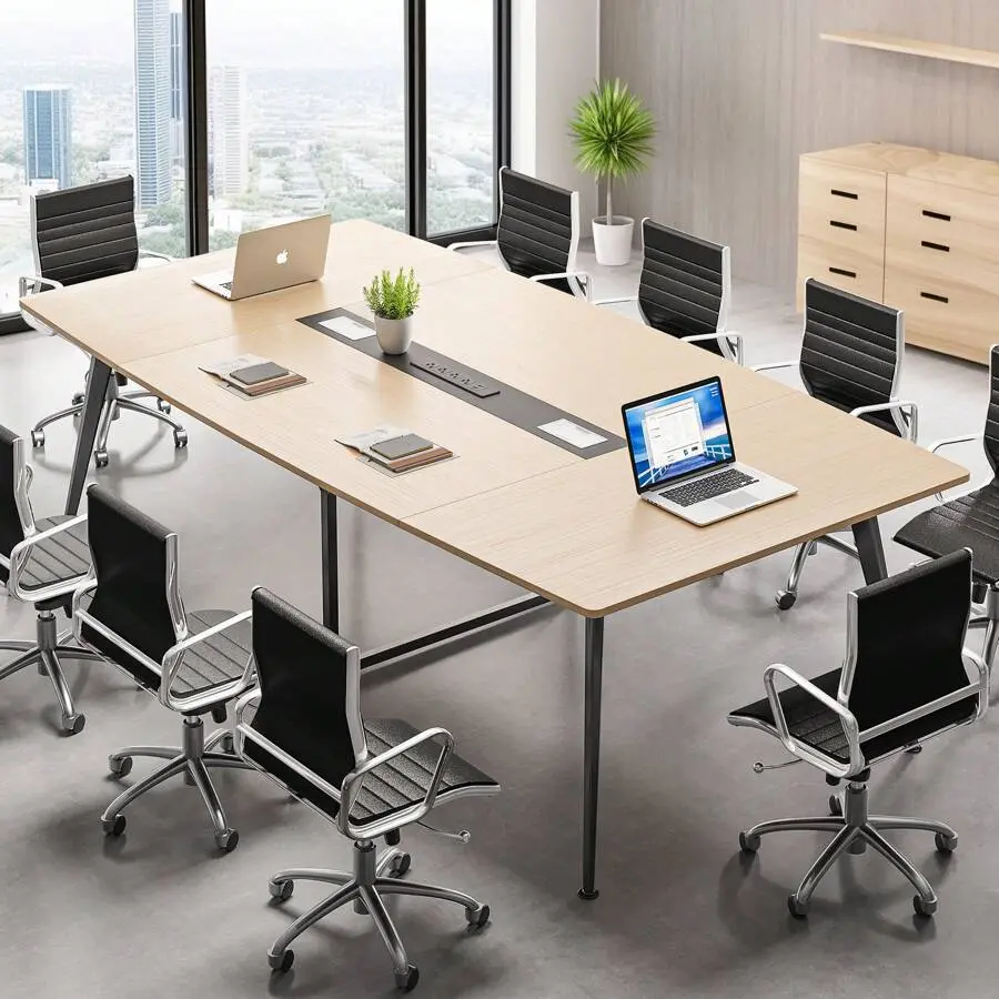 8FT Conference Table With Power Outlets 94.5 Inches Boat Shaped Meeting Table With Rectangle Grommet Modern Seminar Table Office Conference Room Boardroom Desk