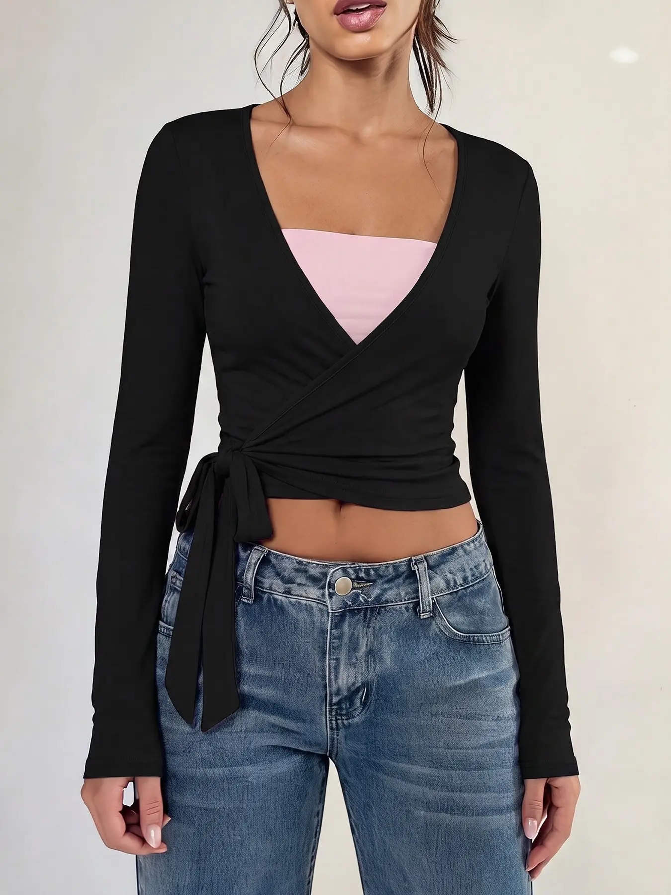 Silky Stretchy Comfort Fabric Cropped Side Tie Wrap V Neck Long Sleeve Wrap Top Balletcore/Yoga/Pilates/Layering/Streetwear Slim Fit Cover Up Going Out Women Casual Wrap Blouse Lightweight Breathable Ruched Long Sleeve Crop Top For Daily Club Outfit