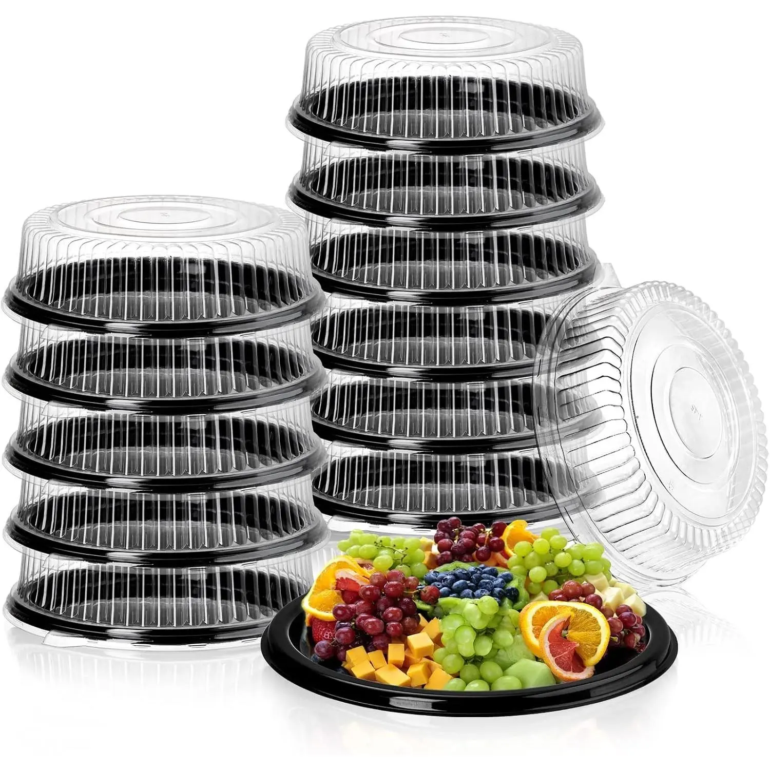 12 Pack 12 Inch Plastic Serving Tray with Lid, Disposable Plastic Food Serving Platters with Clear Dome Lids, Stackable Round Trays for Party, Takeout Food, Catering, Picnic