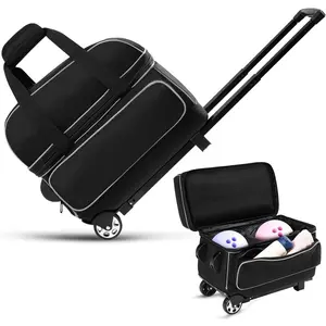 Bowling ball Bag with Wheels, Lightweight Trolley Double Ball Bowling bag with Large Separate Shoe Compartment and Oversized Accessory Pocket, Retractable Handle Extends