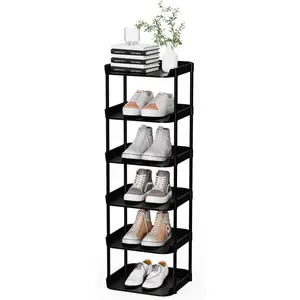 Black 6-Tier Vertical Narrow Plastic Shoe Rack - Stackable Tall Skinny Storage Tower, Compact Single-Shoe Shelves for Slim Spaces, Hallways, Entryway
