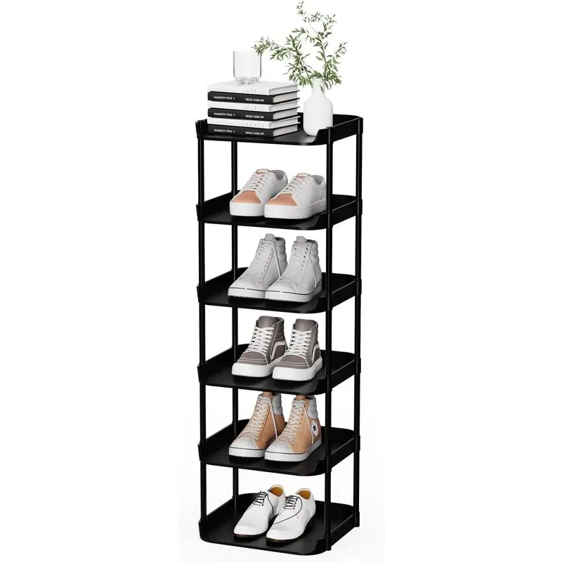 Black 6-Tier Vertical Narrow Plastic Shoe Rack - Stackable Tall Skinny Storage Tower, Compact Single-Shoe Shelves for Slim Spaces, Hallways, Entryway
